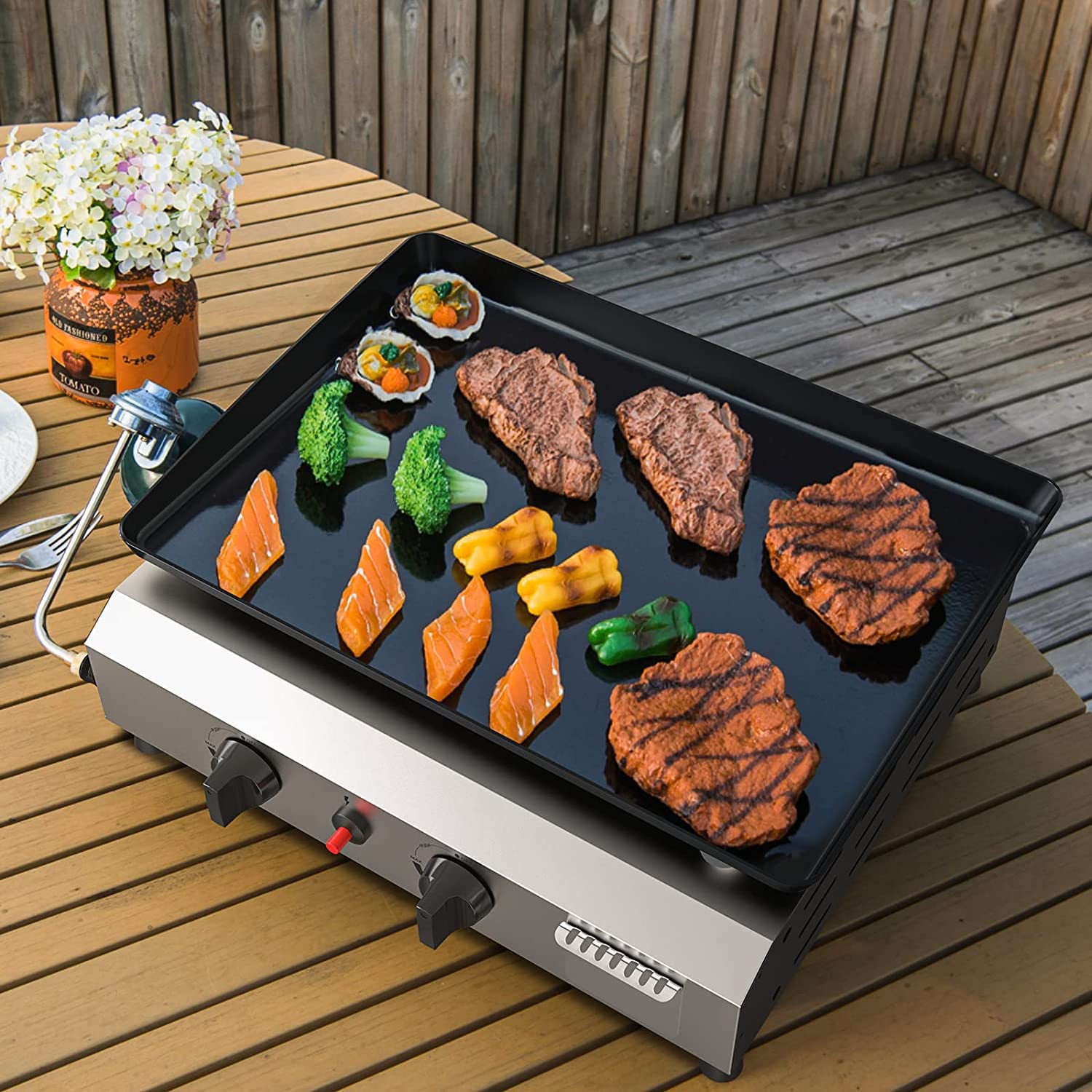 2/3/4 Burner Gas Griddle-Outdoor Propane Griddle-BTU Propane Fuelled. Portable Flat Top Gas Grill Camping Griddle Station with Side Shelves for Kitchen