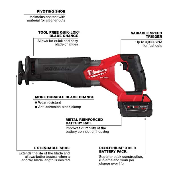M18 FUEL 18V Lithium-Ion Brushless Cordless SAWZALL Reciprocating Saw Kit w/Two 5.0 Ah Batteries Charger & Hard Case