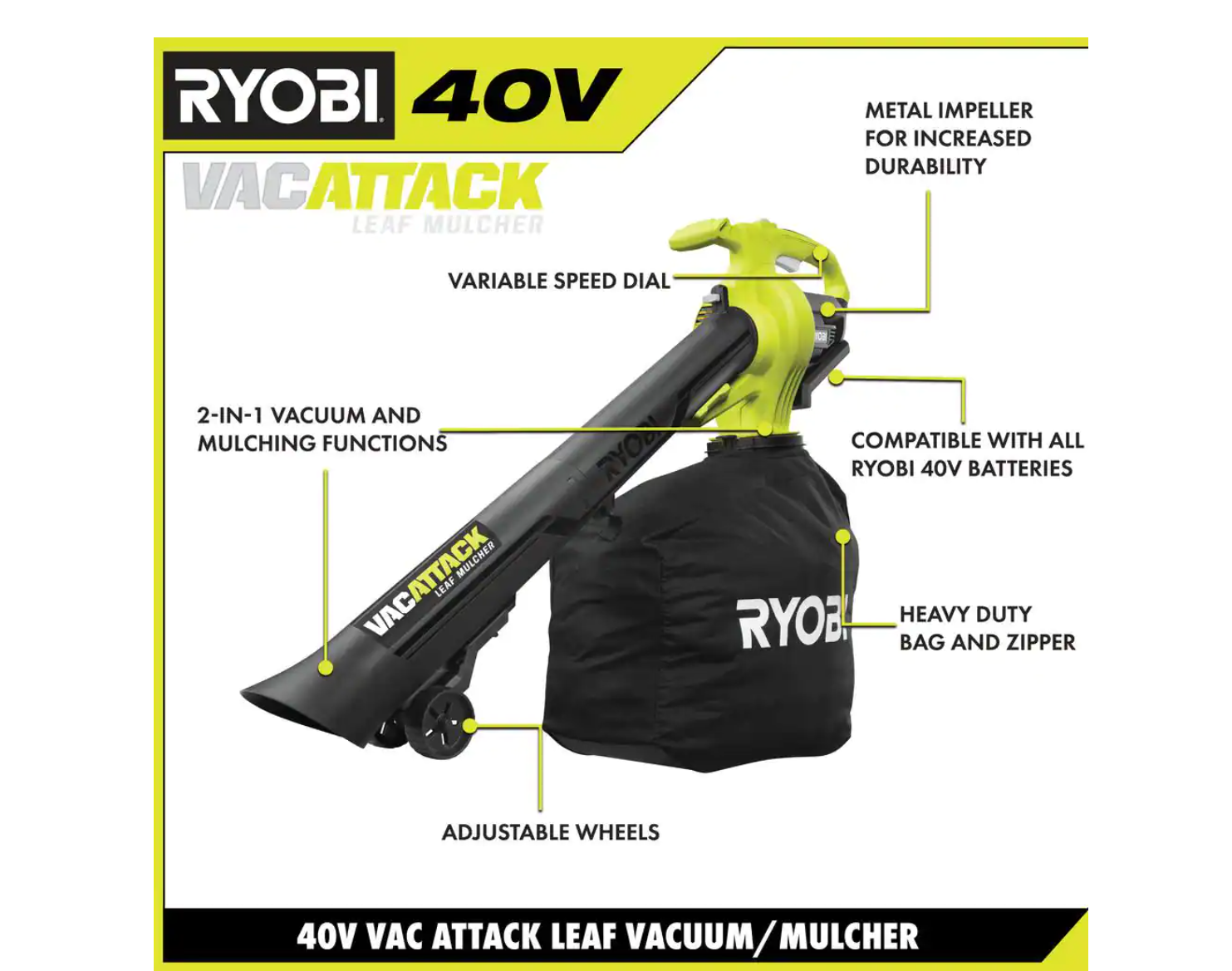 RYOBI RY40451BL 40V Cordless 110 MPH 525 CFM Cordless Leaf Blower and Cordless Leaf VacuumMulcher w 2 Batteries and 2 Chargers - MadeInUSA