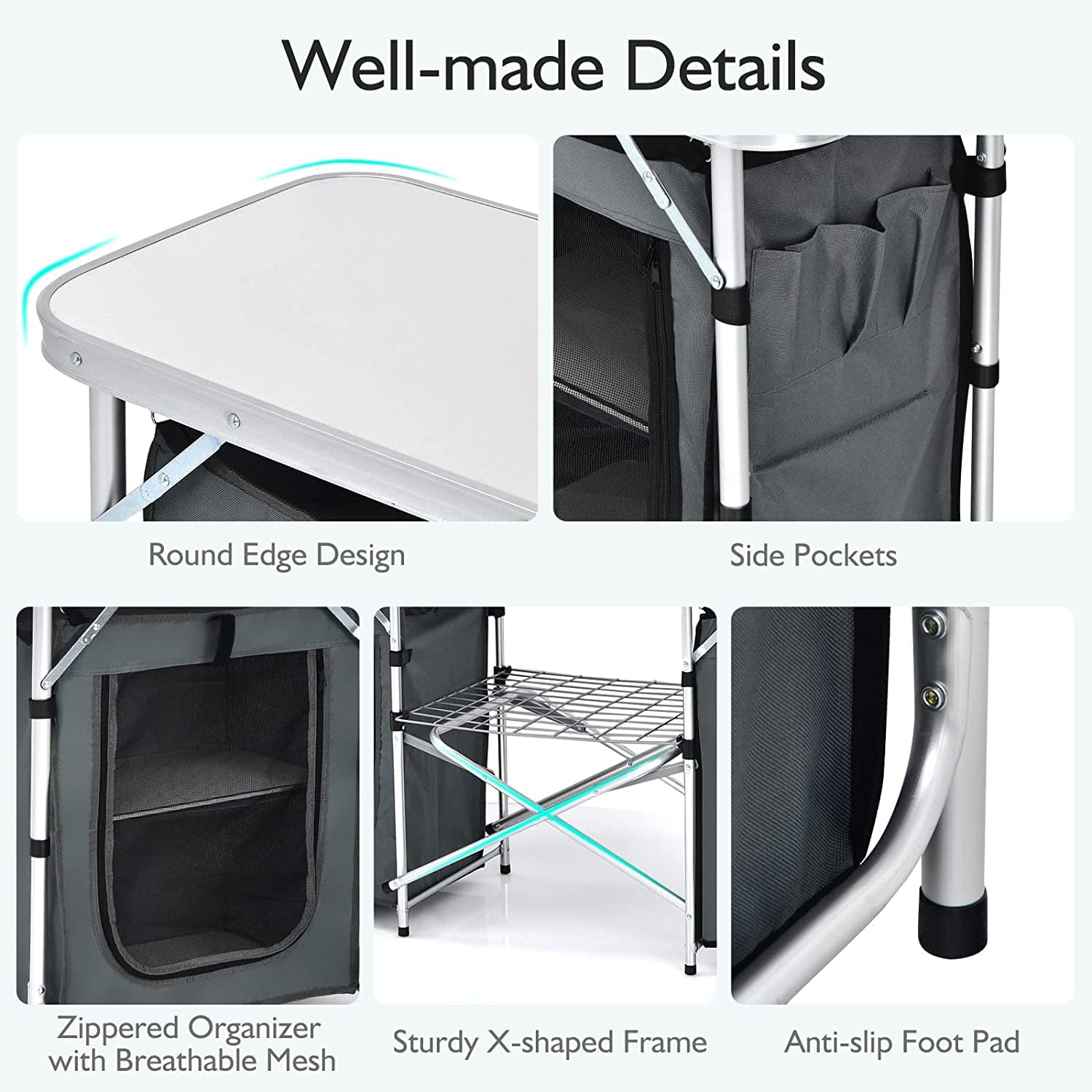 Camping Kitchen Table with Storage. Aluminum Portable Outdoor Cooking Table with Windscreen. Foldable Camp Table Cook Station for BBQ. Grill. Party. Picnics