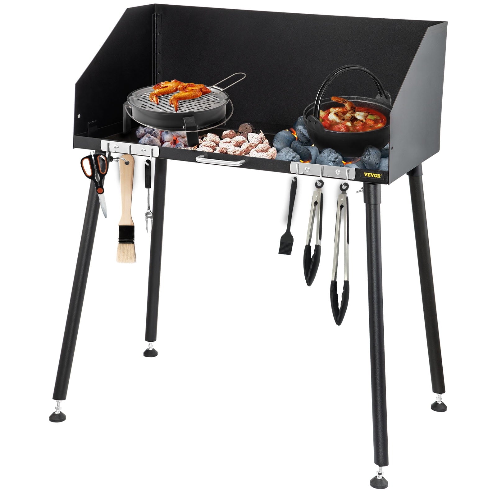 Carbon Steel Camp Cooking Table 38 x 16 inch with Three-Sided Windscreen and Legs for Outdoor Food Preparation and Dutch Oven