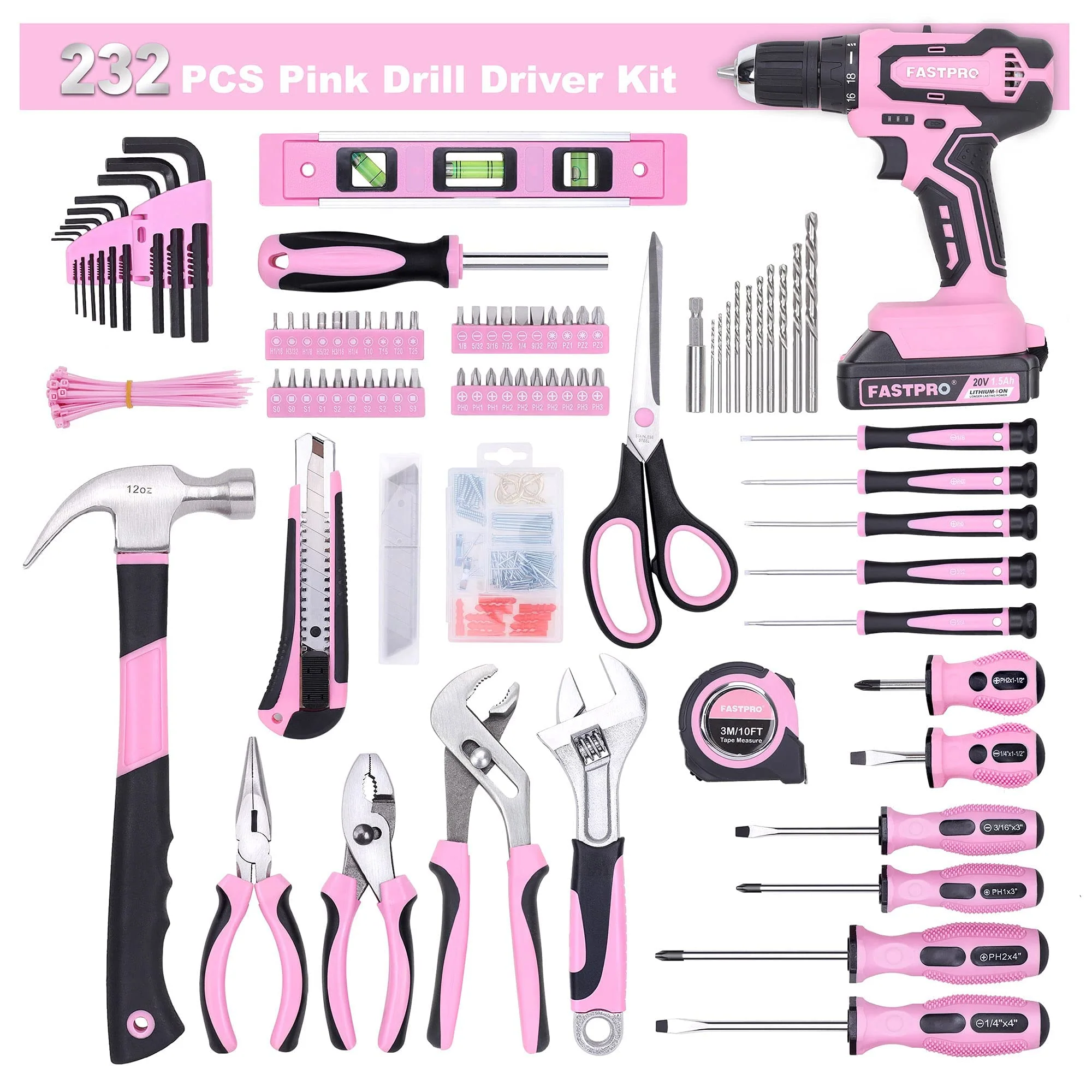 FASTPRO 232 Piece Cordless Drill Driver and Home Tool Set