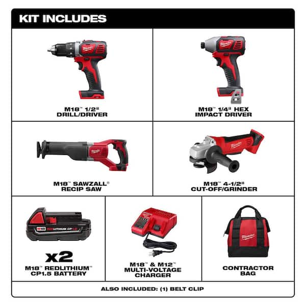 M18 18V Lithium-Ion Cordless Drill Driver/Impact Driver Combo Kit (2-Tool) W/ Reciprocating Saw & Cut-Off/Grinder