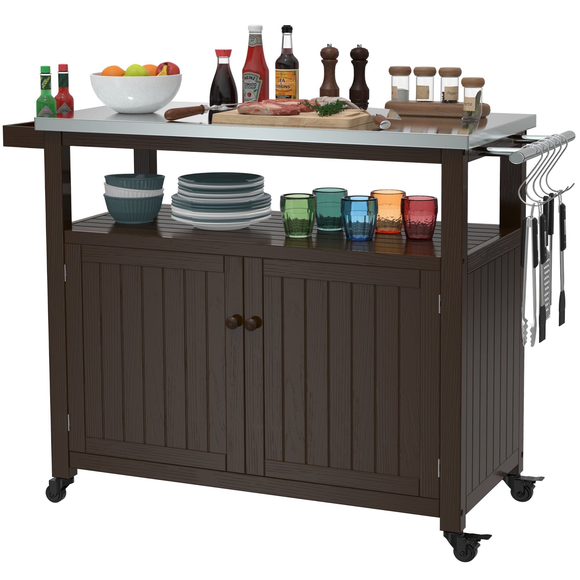 Prep Table Grill Station. Solid Wood Movable Dining Cart Table. Dark Brown