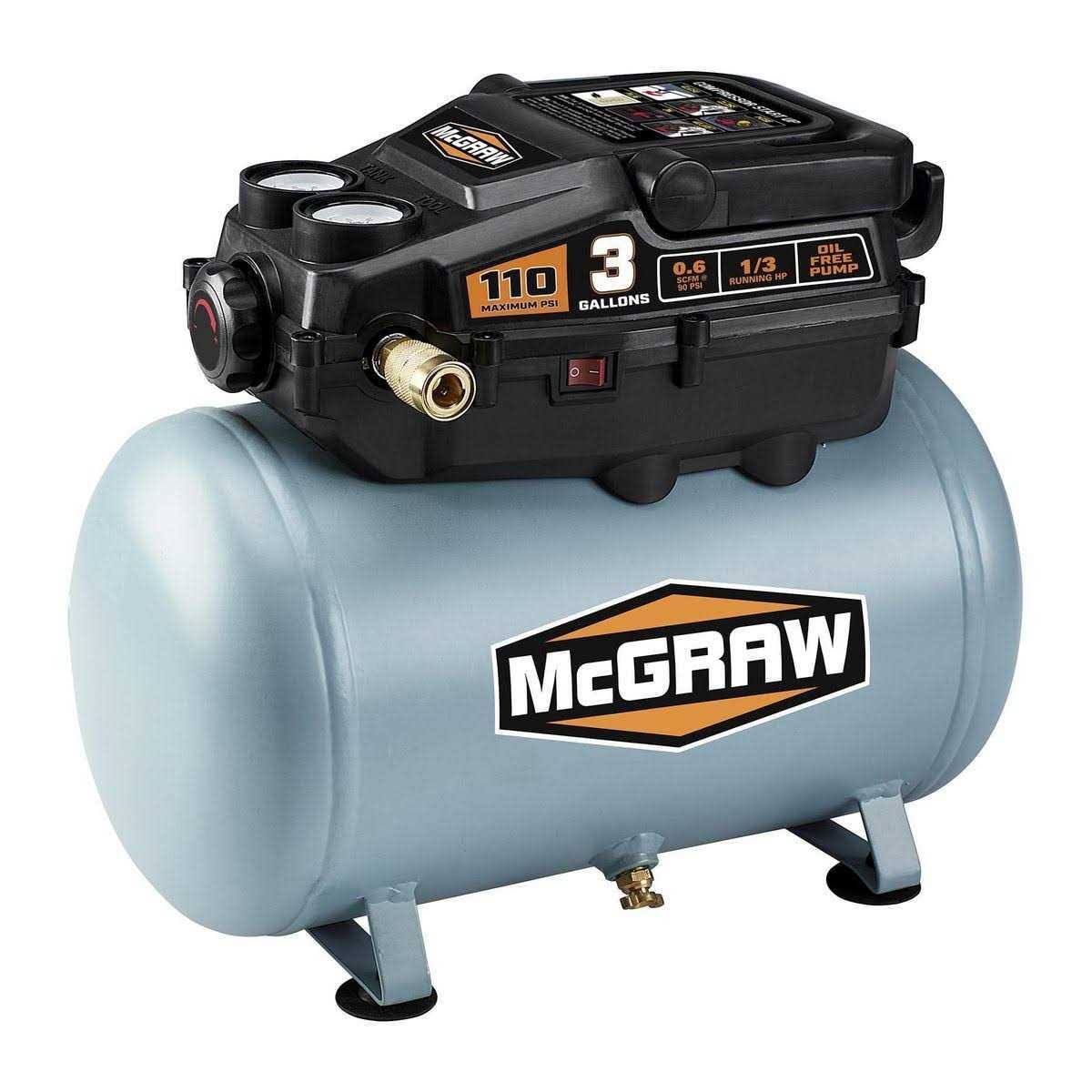 Mcgraw 3 Gallon 1/3 HP 110 PSI Oil-Free Hot Dog Air Compressor 57572