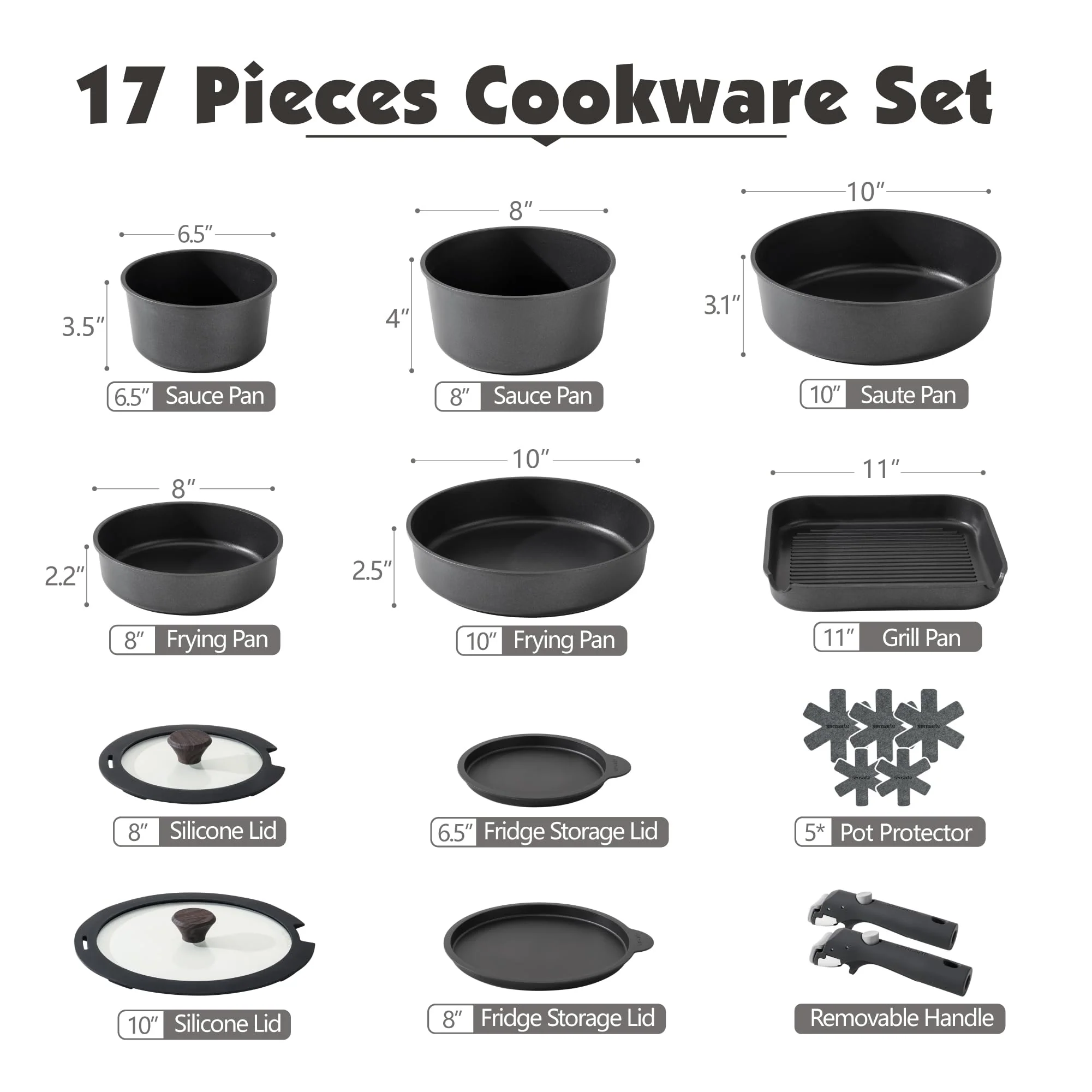 SENSARTE 17 Piece Pots and Pans Set. Detachable Handle Cookware