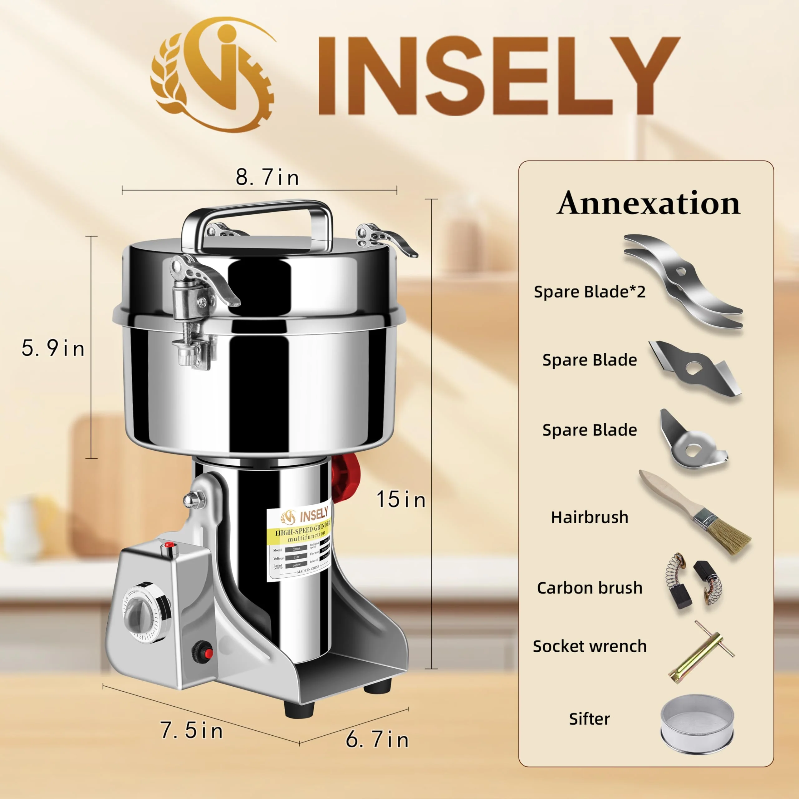 INSELY Stainless Steel 2000g High Speed Food Grain Mill Grinder