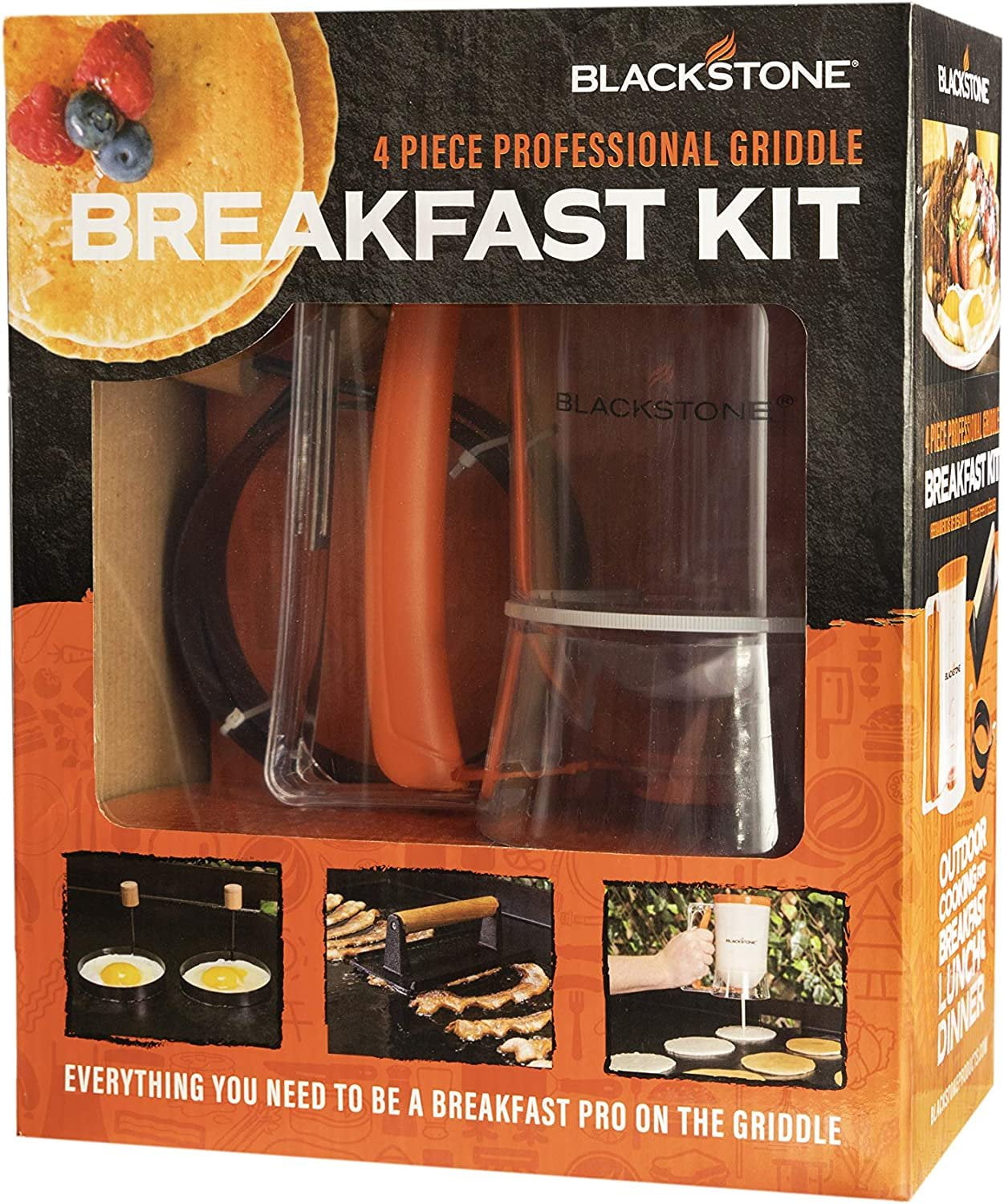 1543 Griddle Breakfast Kit 4 Piece Set Include Batter Dispenser. Bacon Press. Two Egg/Pancake Rings with Handle-Best Indoor-Outdoor Cooking Accessory. Multiple