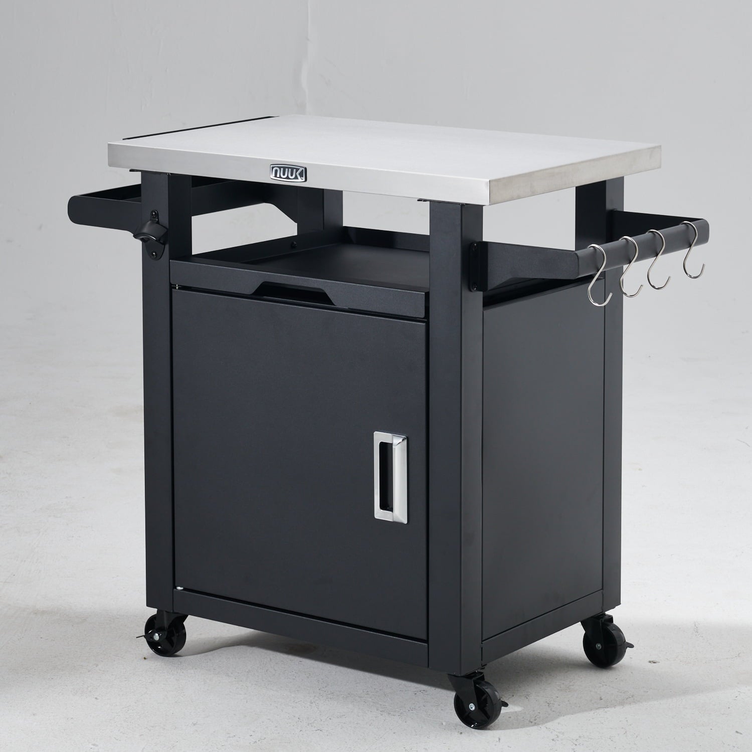 Deluxe 30IN Outdoor Rolling Grill Cook Station. Bar Table with Patio Storage Cabinet and Outdoor Dining Table. Black
