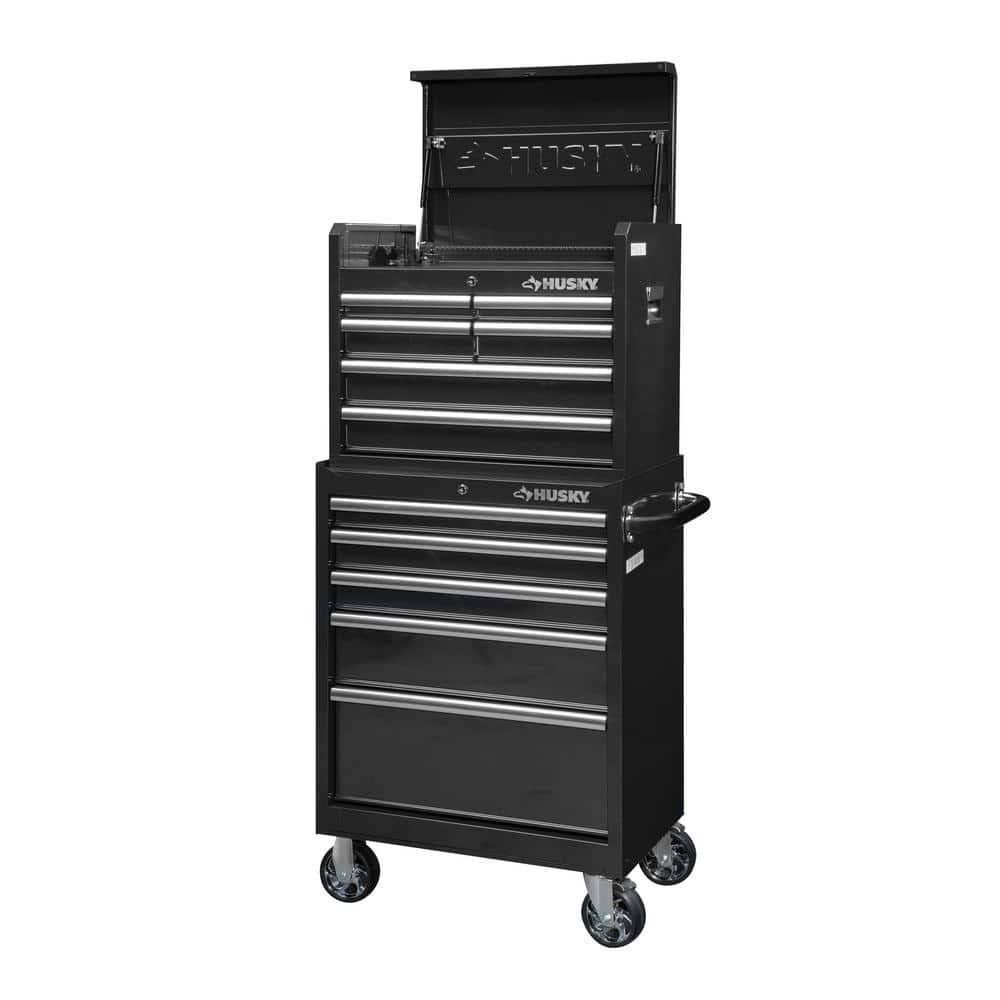 Husky 27 in. W x 18 in. D Standard Duty 11-Drawer Tool Chest Combo and Top Tool Cabinet Combo in Black, Gloss Black