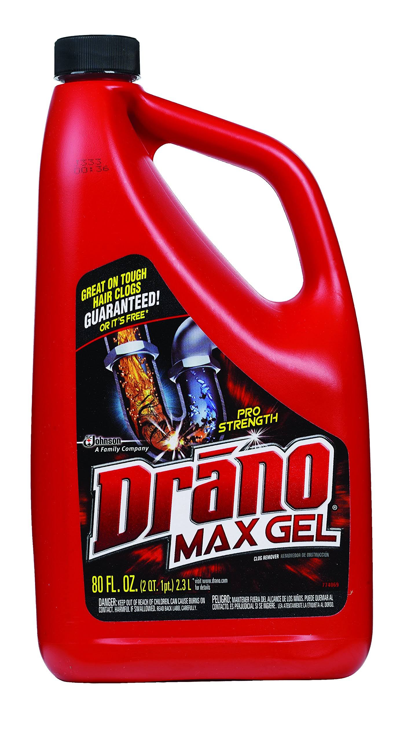 Drano Max Gel Clog Remover, Bleach Scent, 80 oz Bottle, 6/Carton