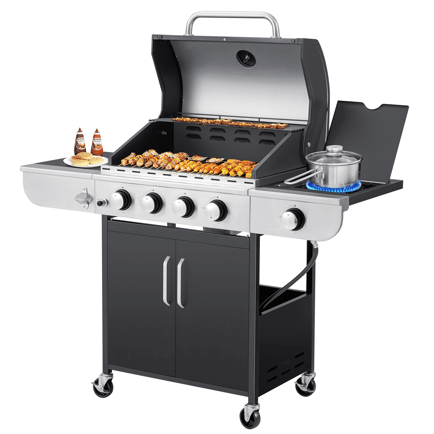 4 Burner Gas Grill.36000 BTU BBQ Propane Stainless Steel with Side Table for Patio Garden