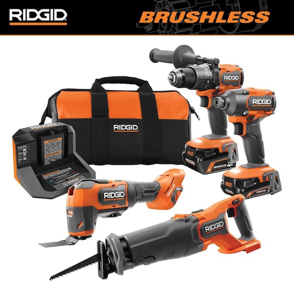 18V Brushless Cordless 4-Tool Combo Kit with (1) 4.0 Ah and (1) 2.0 Ah MAX Output Batteries. 18V Charger. and Tool Bag