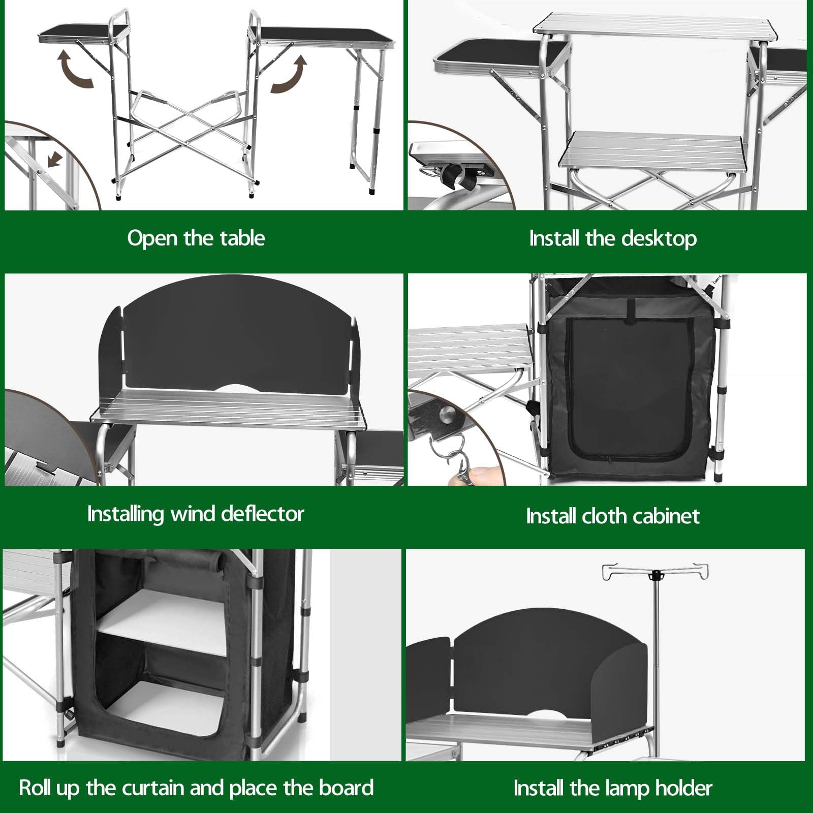 Camping Kitchen Station Aluminum Outdoor Cook Table Camping Table Black