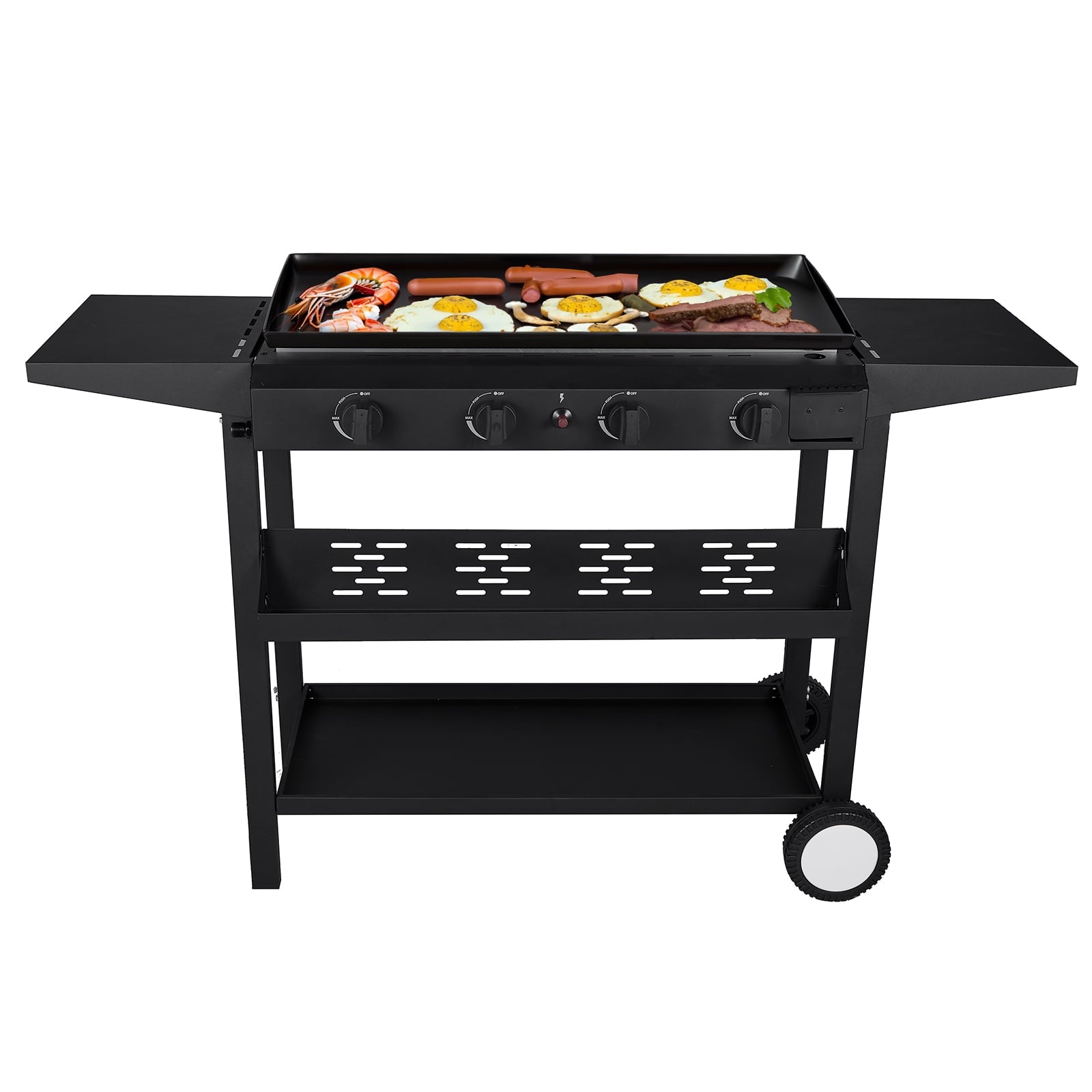 Flat Top Gas Griddle Grill 4-Burner Propane BBQ Grill Outdoor Cooking Station. Black