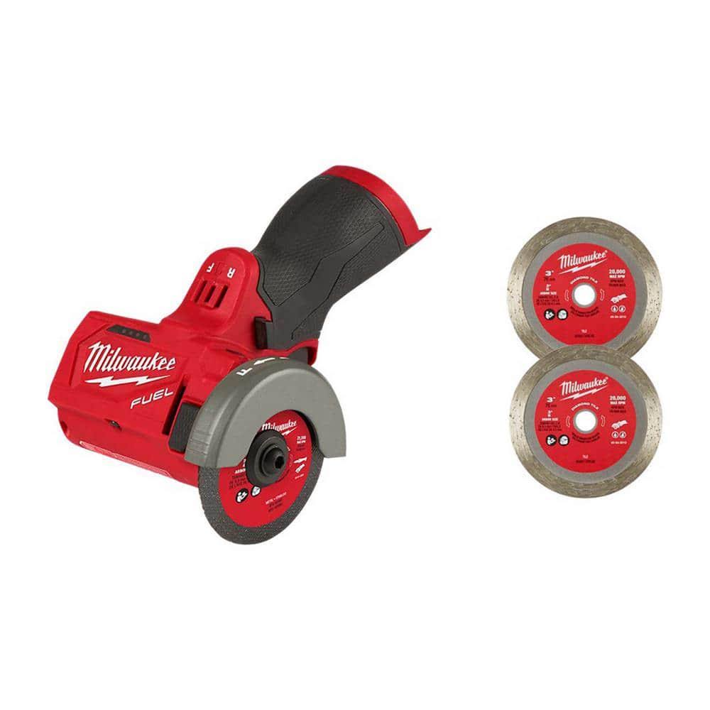 Milwaukee M12 Fuel 12V 3 in. Lithium-Ion Brushless Cordless Cut Off Saw (Tool-Only) with 3 in. Diamond Tile Blades (2-Pack)