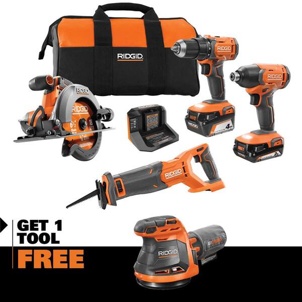 18V Cordless 4-Tool Combo Kit with 4.0 Ah Battery. 2.0 Ah Battery. Charger. Bag and 18V Random Orbit Sander