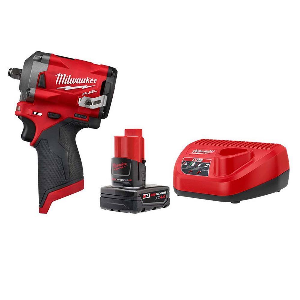 Milwaukee 48-59-2440-2554-20 M12 Fuel 12-Volt Lithium-Ion Brushless Cordless Stubby 3/8 in. Impact Wrench w/4.0 Ah Starter Kit
