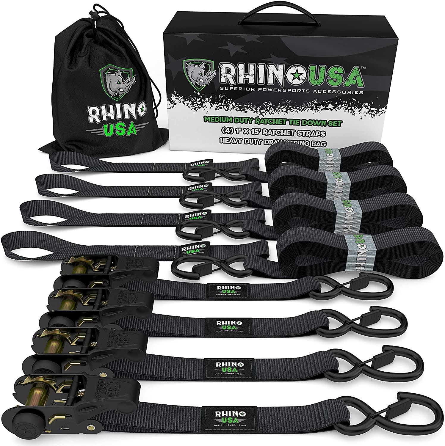 Rhino USA Ratchet Tie Down Straps (4pk) - 1,823lb Guaranteed Max Break