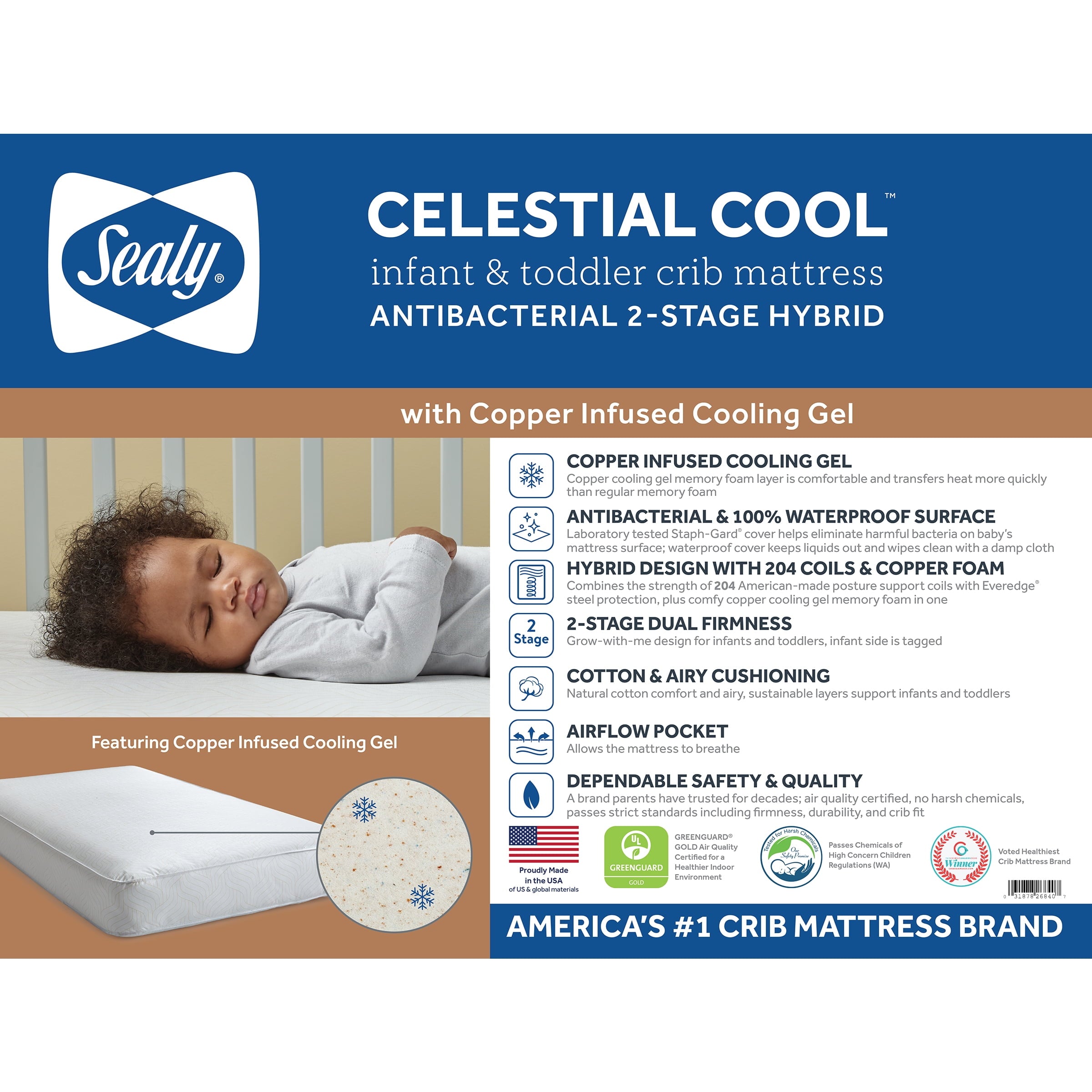 Celestial Cool Ultra-Premium 2-Stage Hybrid Antibacterial Crib & Toddler Mattress. Cool Copper Gel