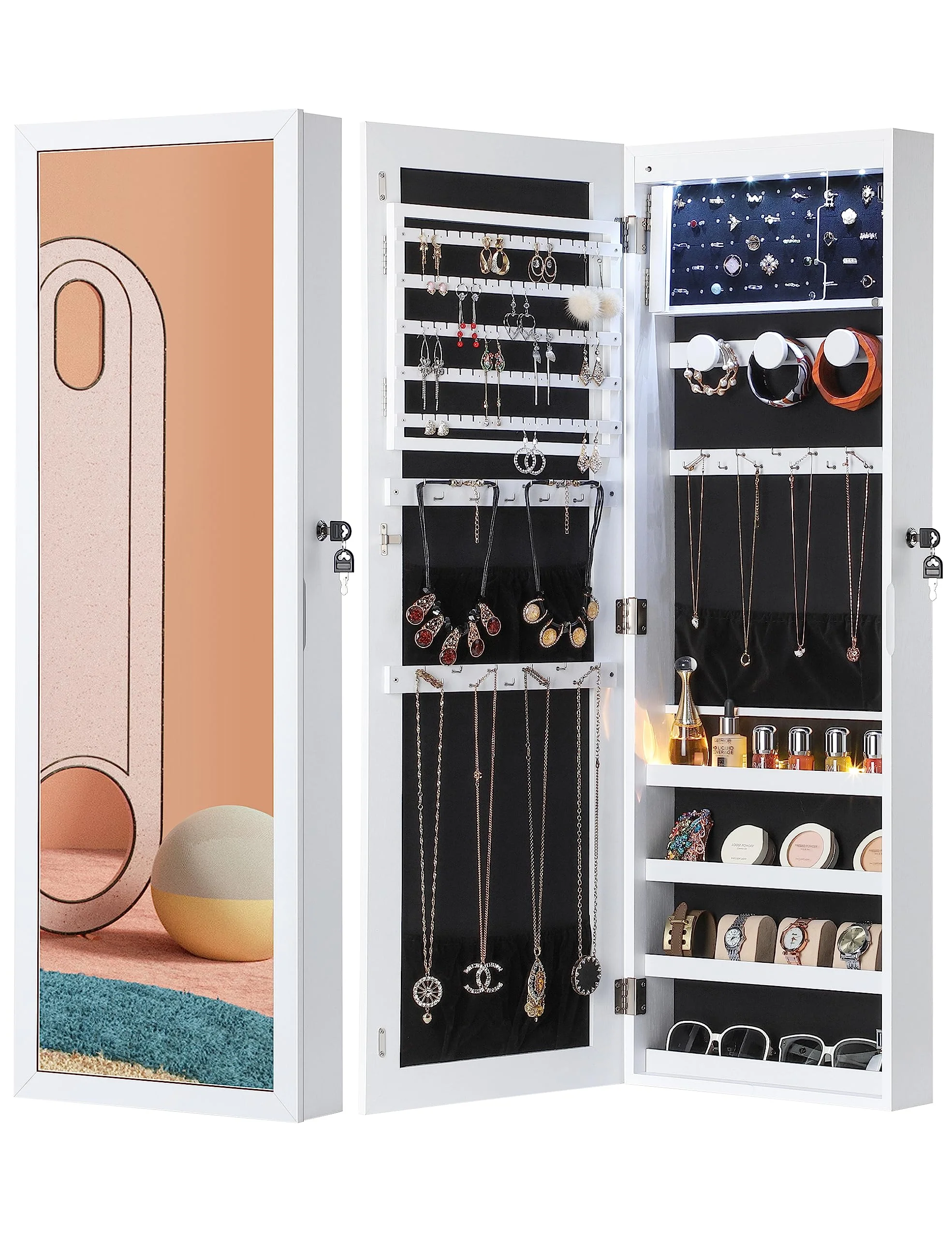 Nicetree 6 LEDs Large Capacity Mirror Jewelry Cabinet