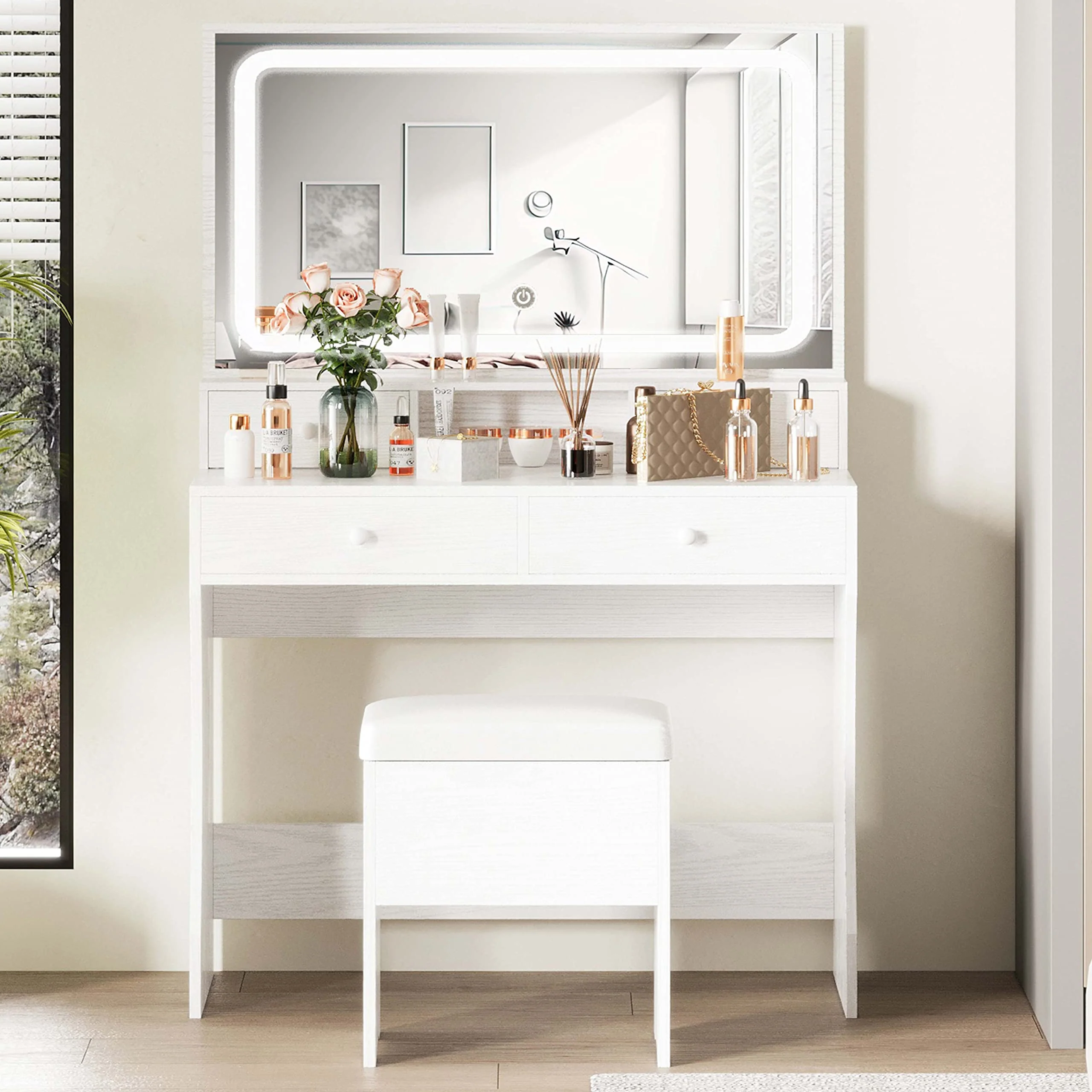 IRONCK Vanity Desk Set with LED Lighted Mirror & Power Outlet