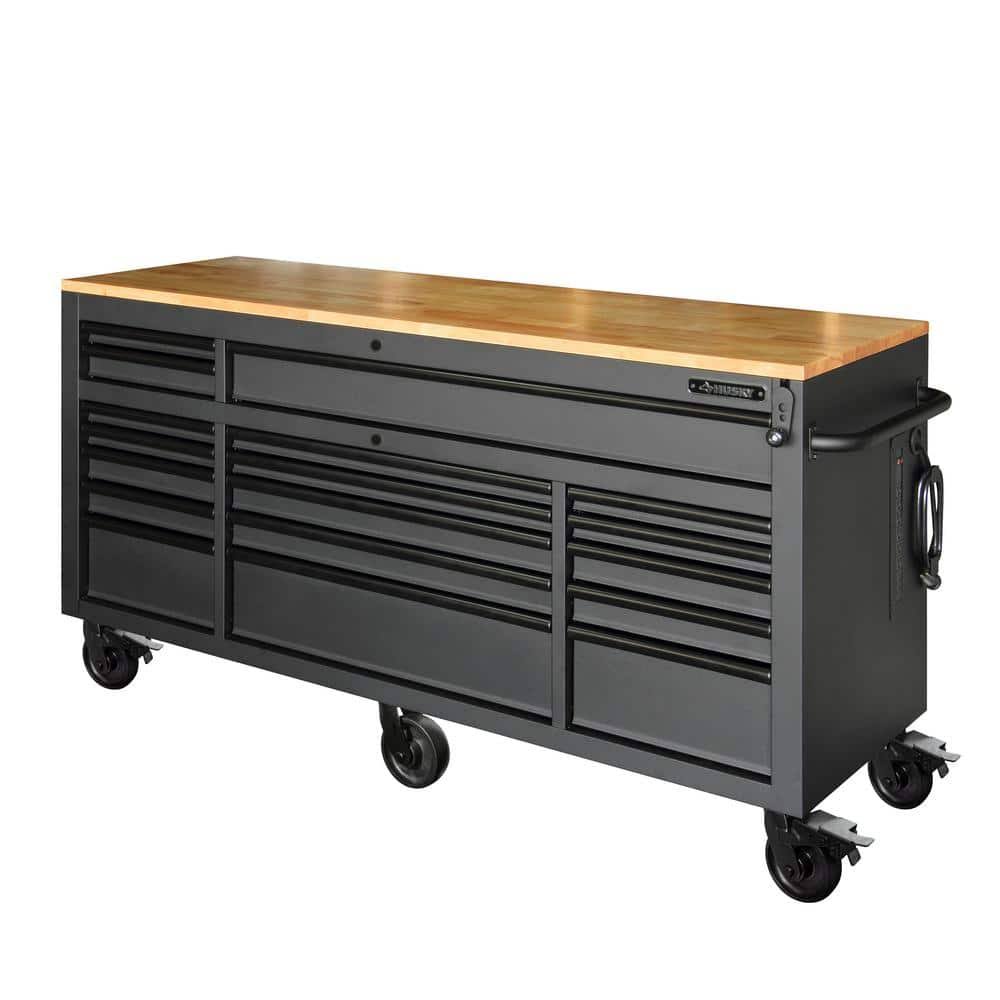 Husky 72 in. W x 24 in. D Heavy Duty 18-Drawer Mobile Workbench Cabinet with Adjustable-Height Hardwood Top in Matte Black. Matte Black with Black-Instock