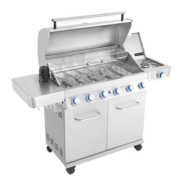 6-Burner Propane Gas Grill in Stainless with LED Controls. Side Burner and Rotisserie Kit