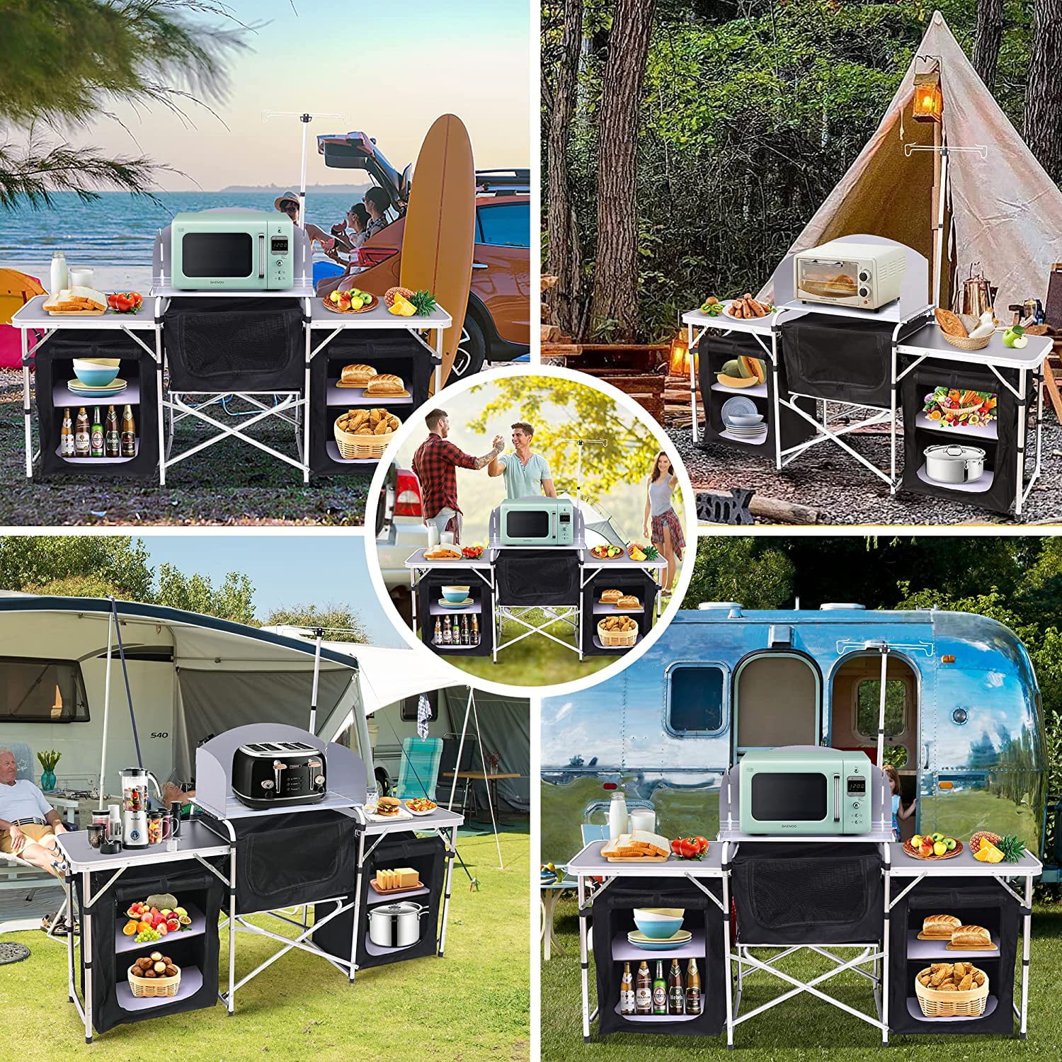 C Camping Kitchen Table. Folding Table. Upgrade Light Stand and Windshield Cooking Station & 3 Organizers. Carry Bag for Outdoor. Beach. BBQ. Picnic. Cooking. Indoor. Office