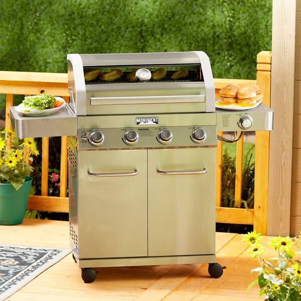 4-Burner Propane Gas Grill in Stainless with Clear View Lid. LED Controls and Side Burner