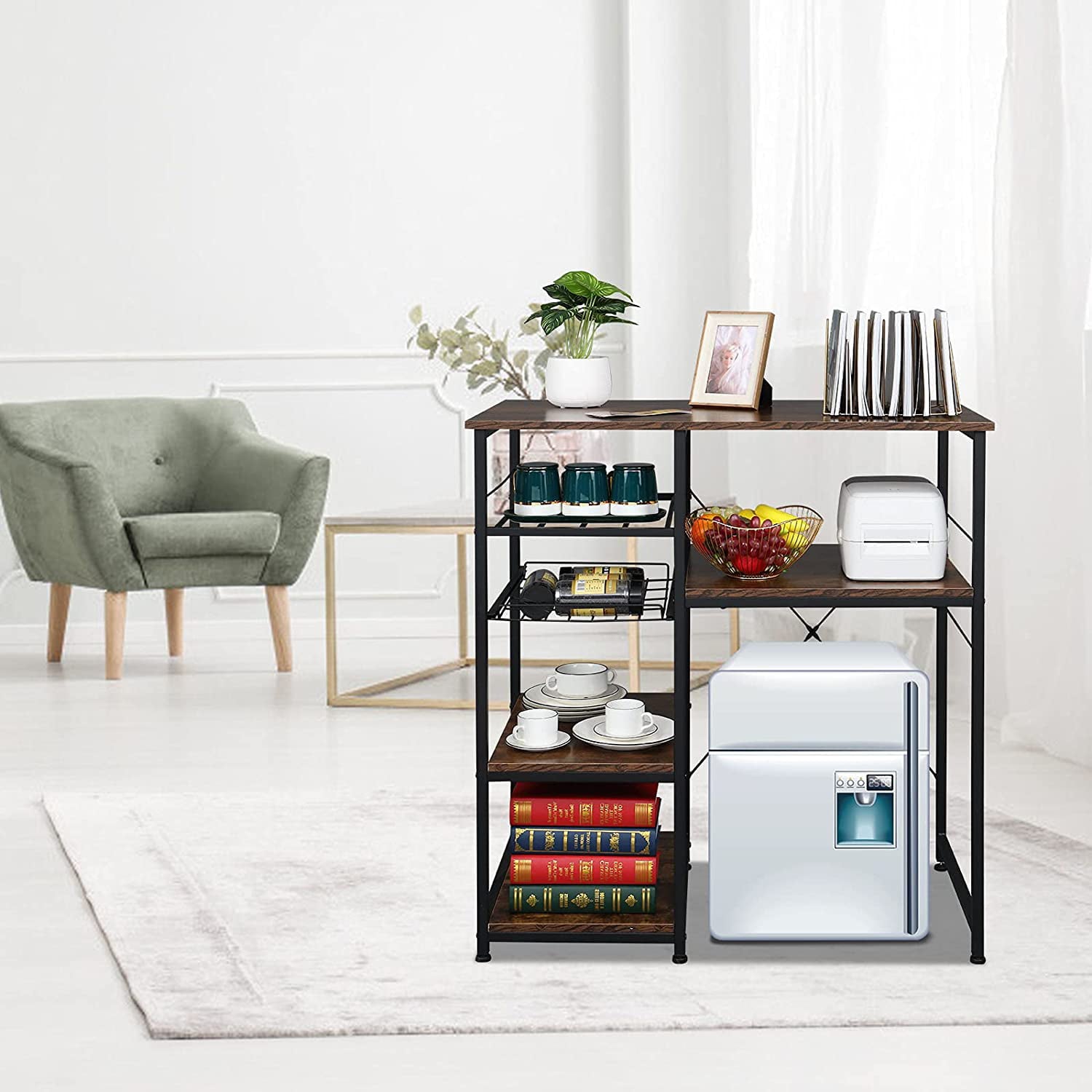 Microwave Stand 4-Tiers Kitchen Storage Fit Mini Fridge Baker��s Rack Shelving Utility Coffee Bar with Big Drawer Wine Rack Metal Frame Industrial Workstation Organizer Kitchen Decor