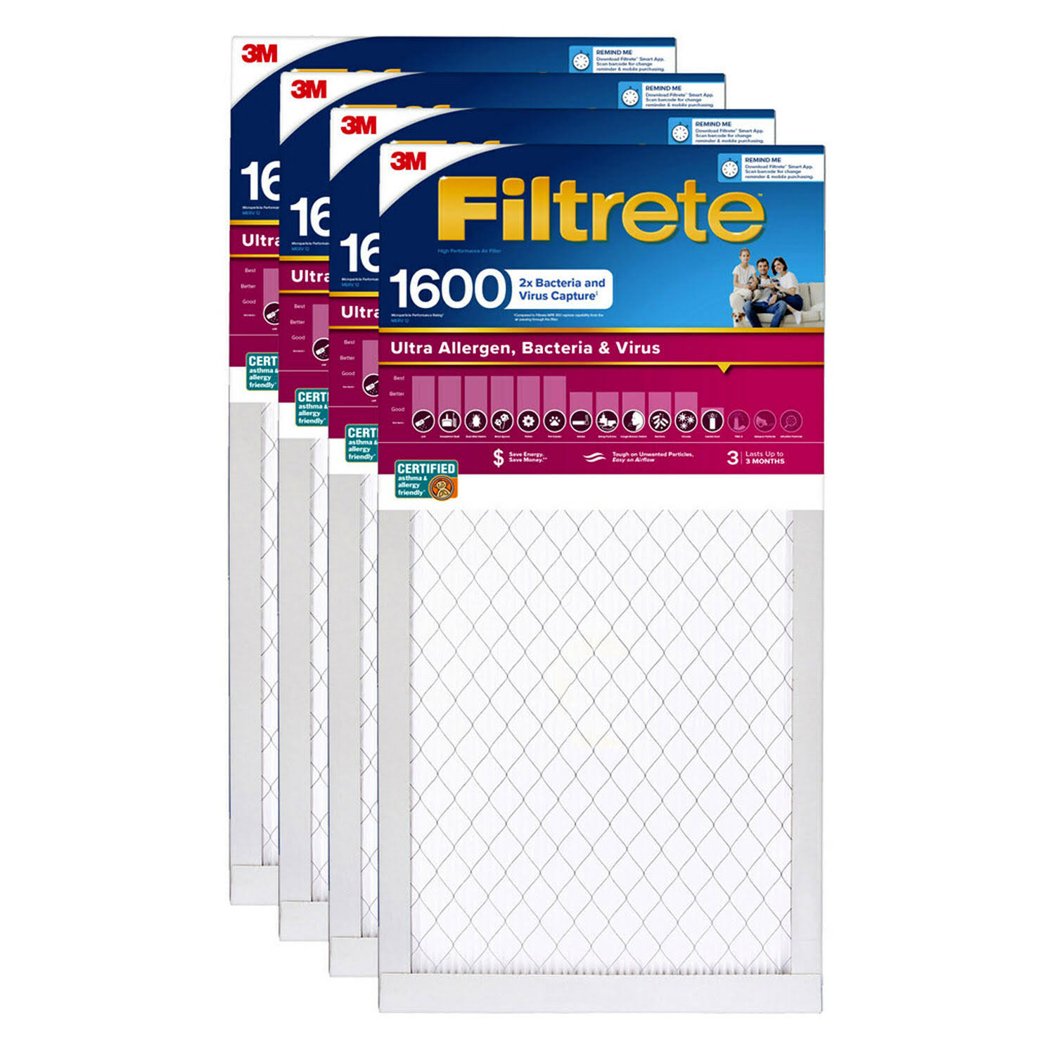 Filtrete Ultra Allergen 2x Bacteria & Virus Filter (1600 Mpr) 20x20x1 (4 Pack)