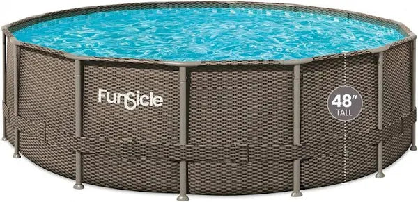 Funsicle 16ft x 48in Round Oasis Designer Above Ground Pool. Dark Double Rattan with SkimmerPlus Filter Pump & Ladder - MadeInUSA