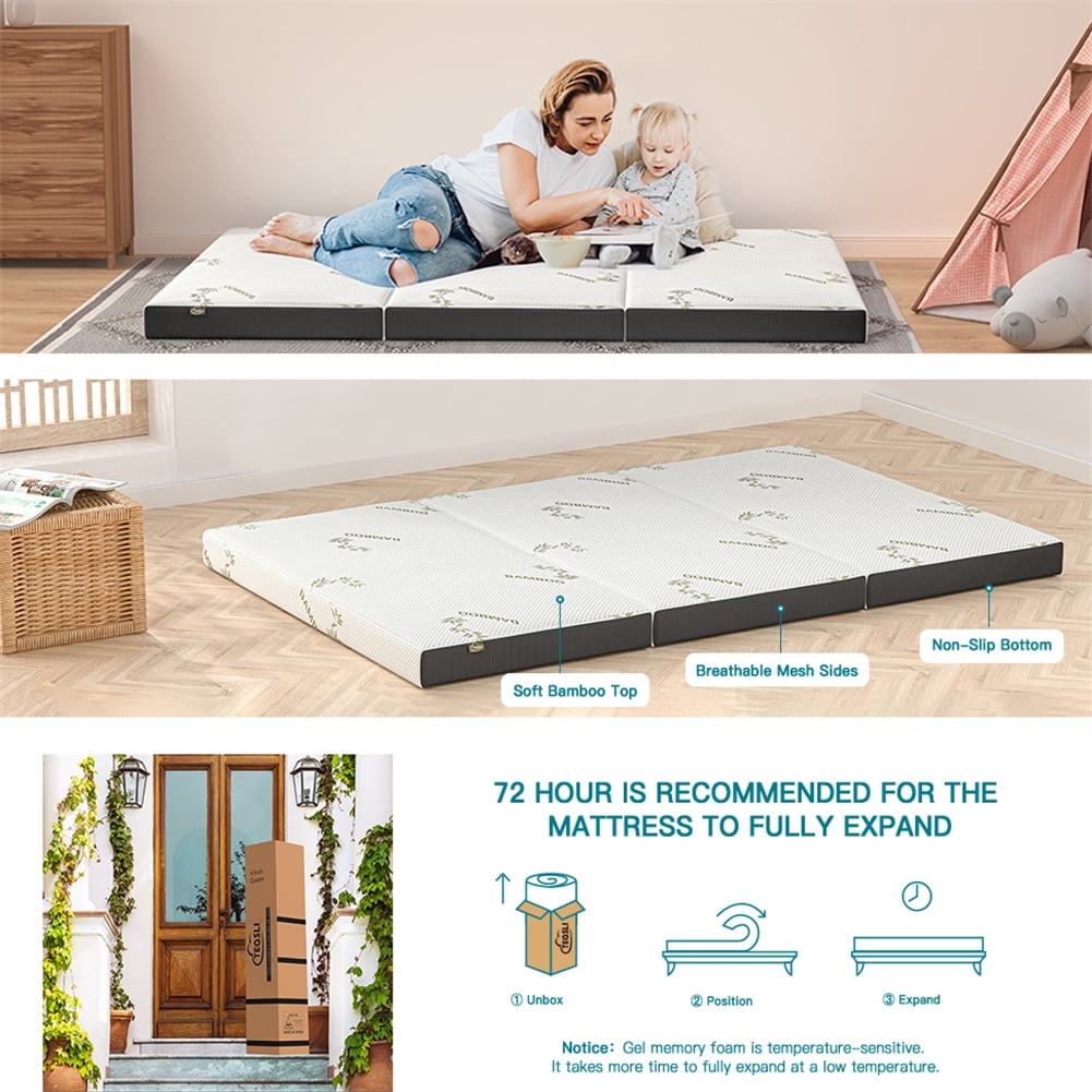 4 Inch Folding Mattress. Portable Trifold Gel Memory Foam Fold Mattresses. Guest Bed. Queen