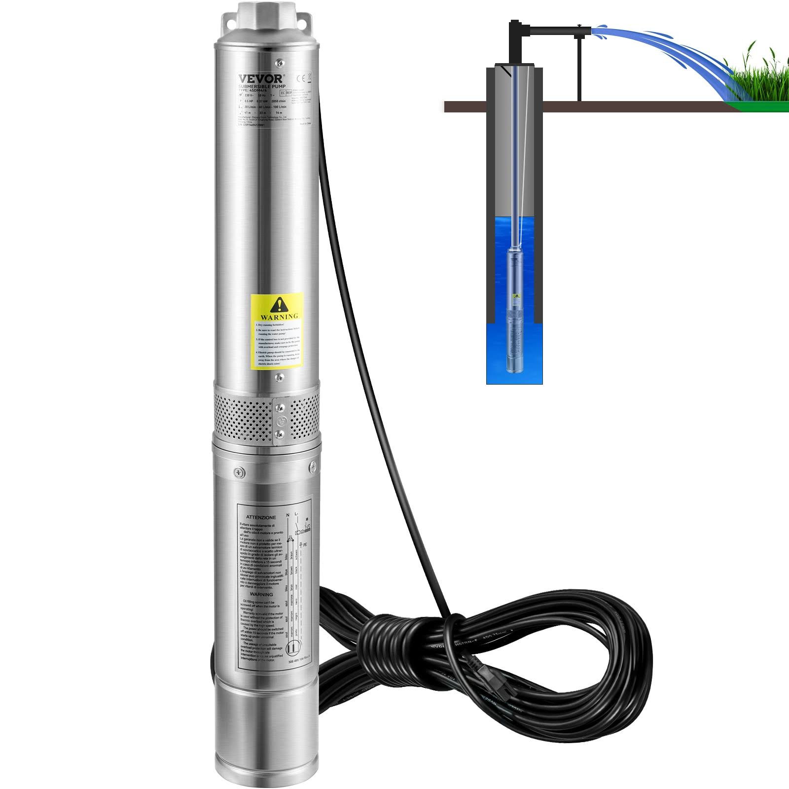 VEVOR Deep Well Submersible Pump 0.5HP 115V/60Hz 28gpm Flow 167ft Head with 33ft Electric Cord 4