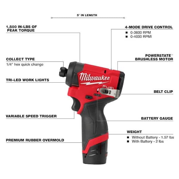 M12 FUEL 12V Lithium-Ion Brushless Cordless 1/4 in. Hex Impact Driver Kit w/Two 2.0Ah Batteries. Charger&Soft Case