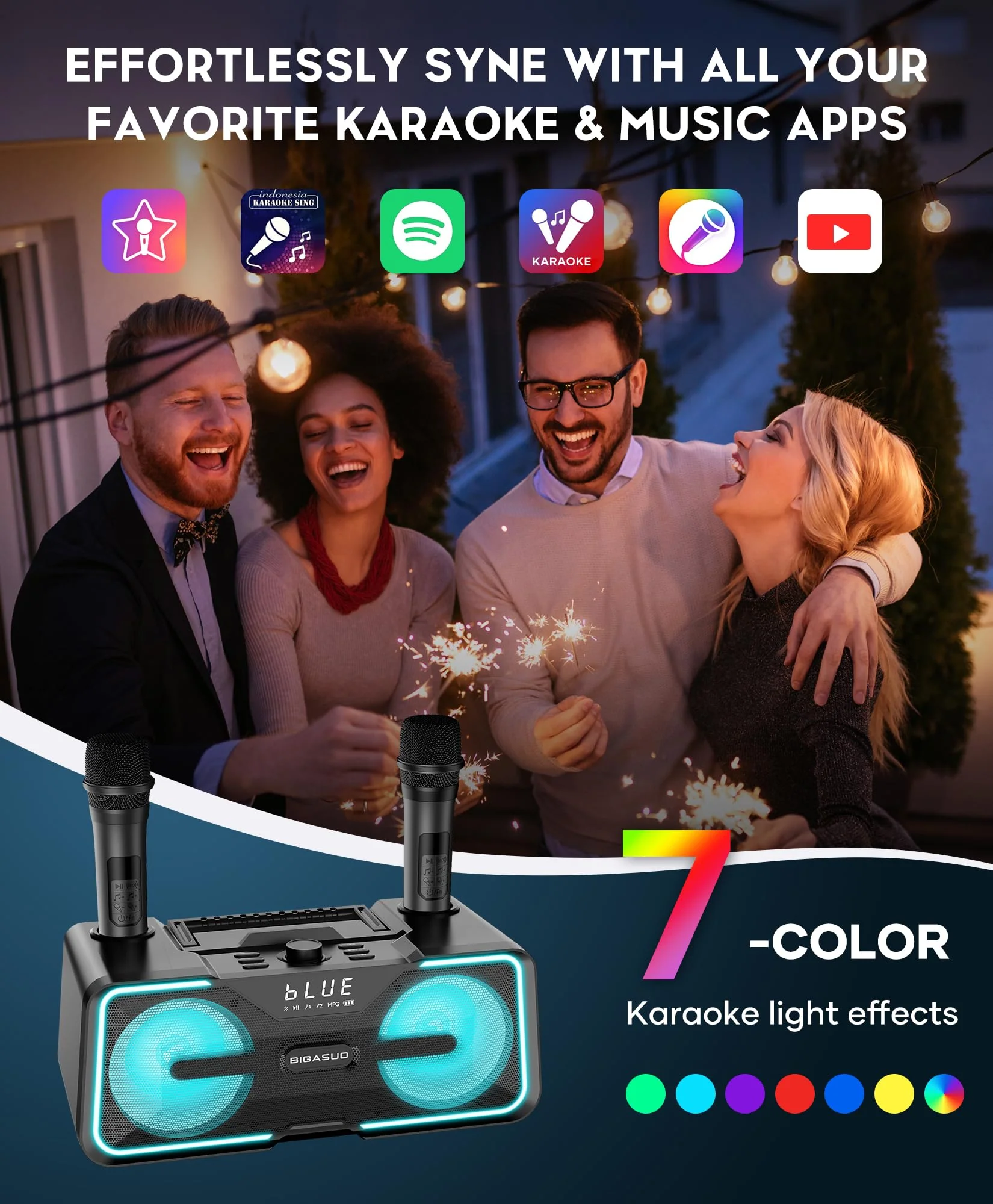 BIGASUO Karaoke Machine with 2 Wireless Microphones