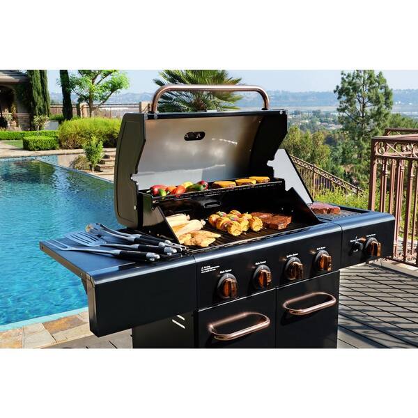 4-Burner Propane Gas Grill with Side Searing Burner in Black with Copper Accent
