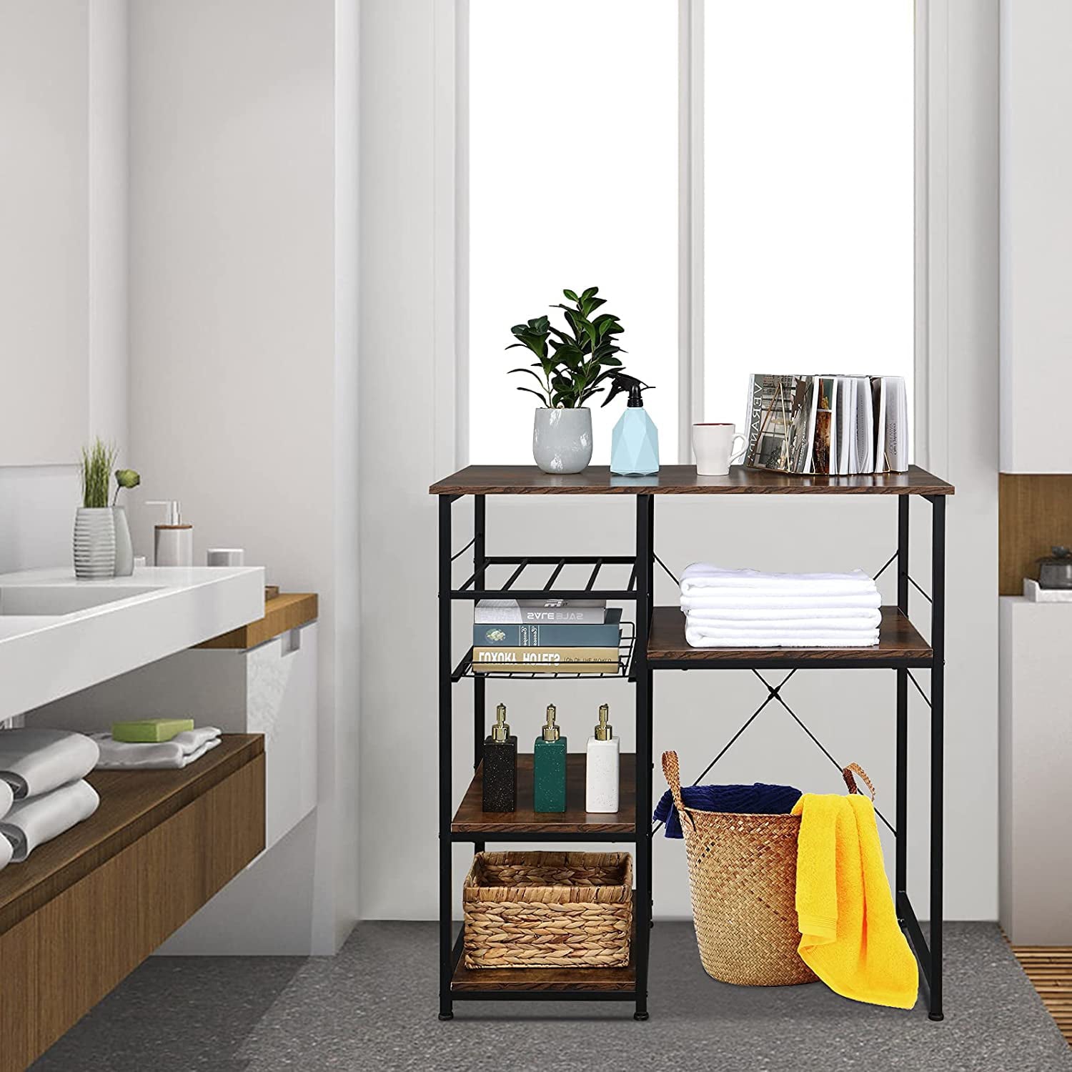 Microwave Stand 4-Tiers Kitchen Storage Fit Mini Fridge Baker��s Rack Shelving Utility Coffee Bar with Big Drawer Wine Rack Metal Frame Industrial Workstation Organizer Kitchen Decor