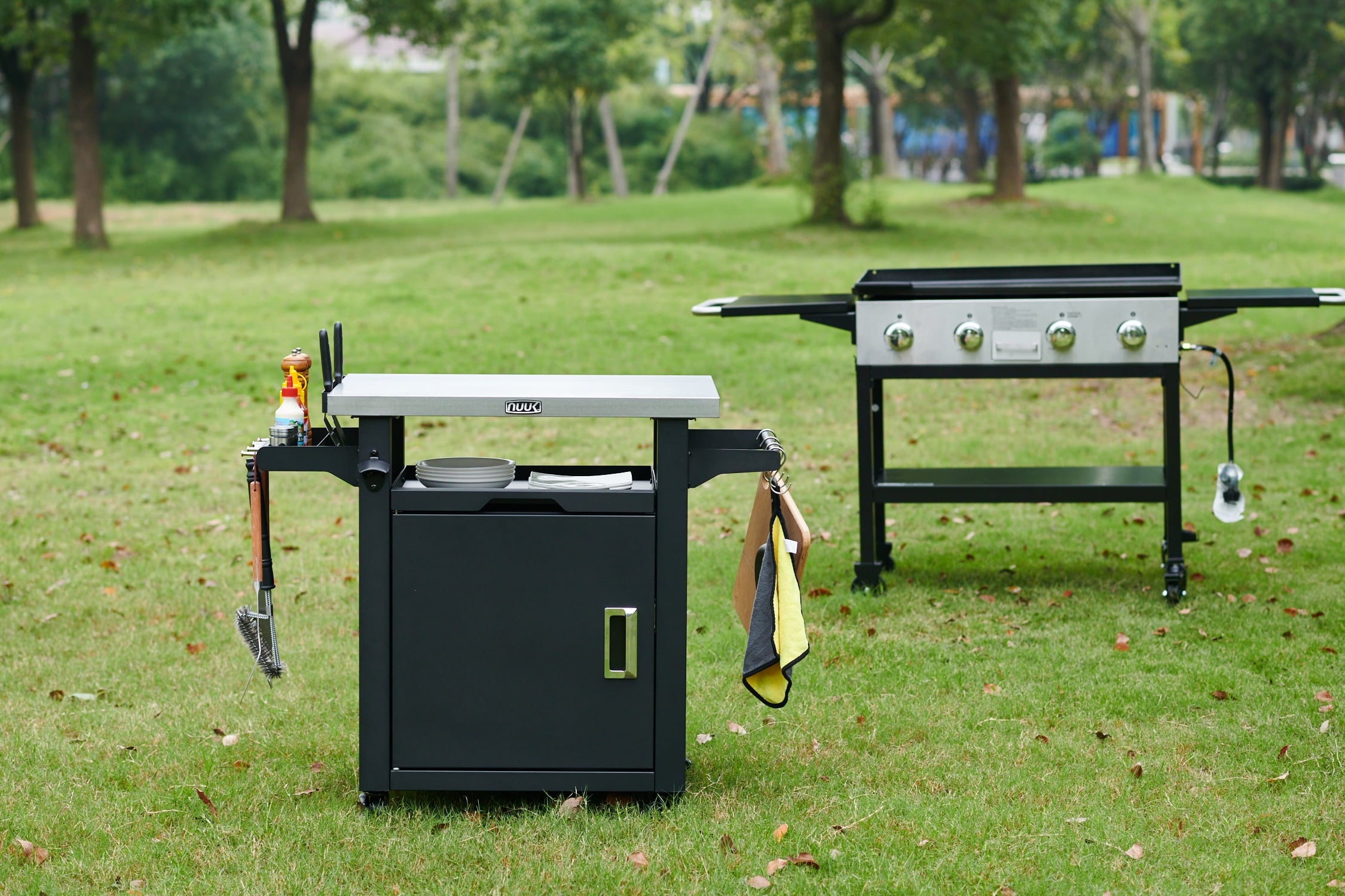 Deluxe 30IN Outdoor Rolling Grill Cook Station. Bar Table with Patio Storage Cabinet and Outdoor Dining Table. Black