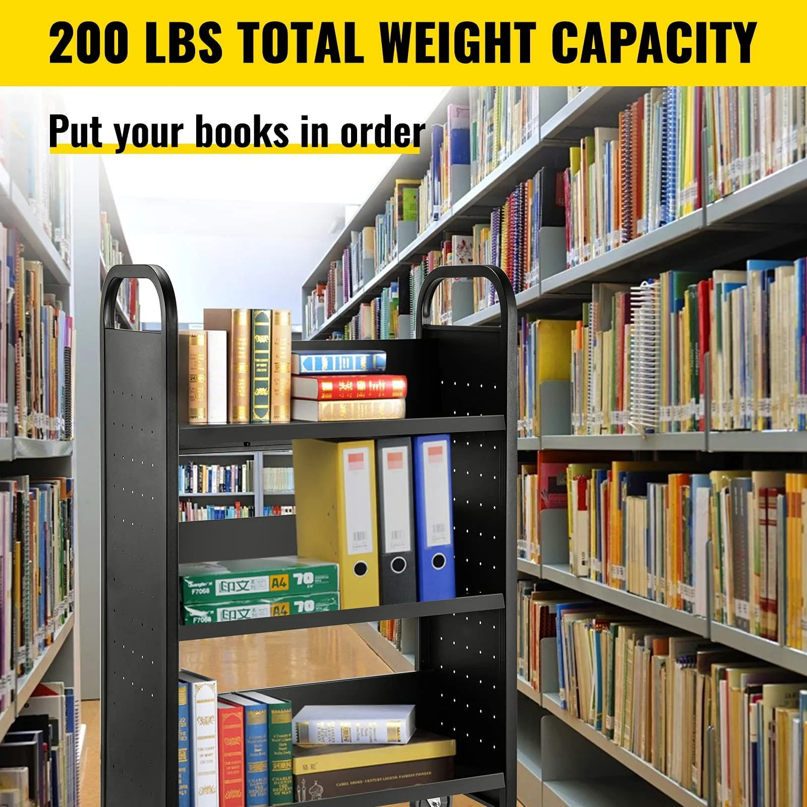 VEVOR Single Sided V-Shaped 30x14x49 Inch Rolling Book Cart