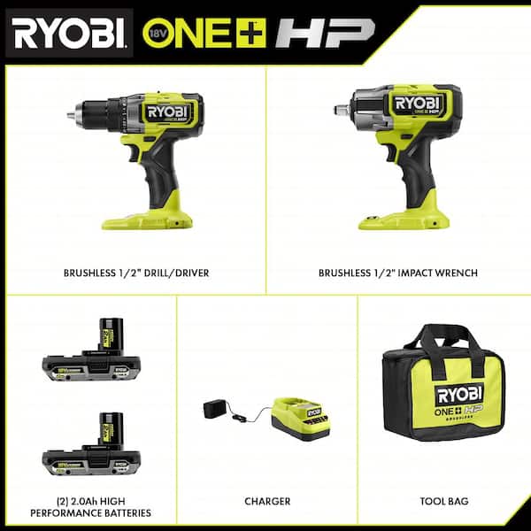 ONE+ HP 18V Brushless Cordless 2-Tool Combo Kit with Drill/Driver. Impact Wrench. Batteries. Charger. and Bag