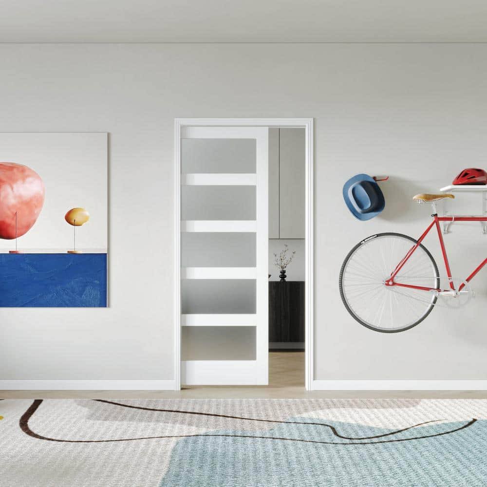 TENONER 32 in. x 80 in. Panel Glass Sliding Door, Single Door Panels White Wood Pocket Door Frame, Hardware Included