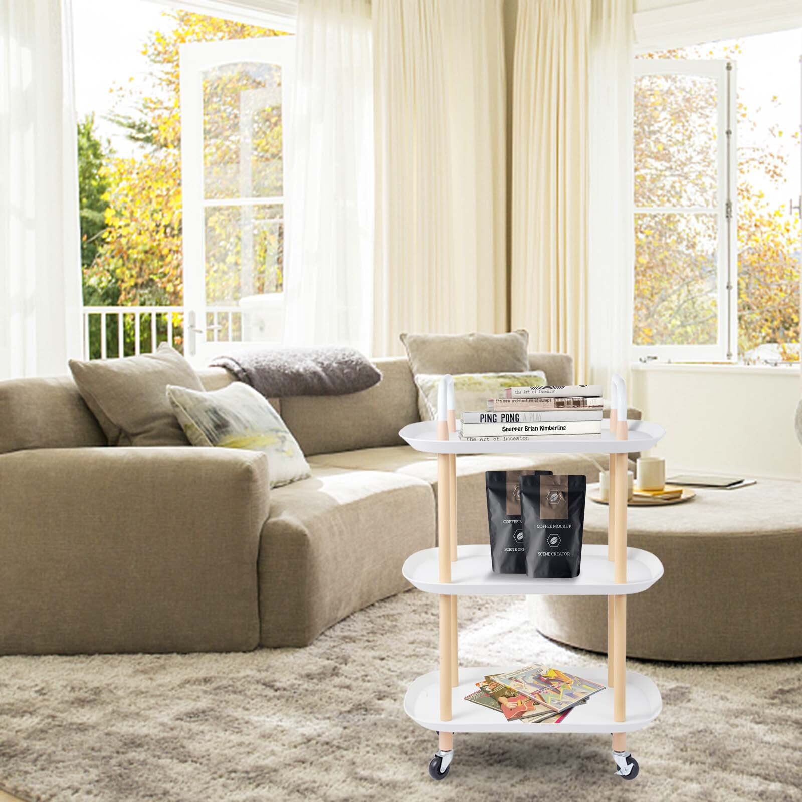 3 Tier Rolling Utility Cart Storage Organizer Service Cart with Handle and Locking Wheels for Home. Bathroom. Office. Kitchen. Coffee Bar. Microwave Cooking Station. White