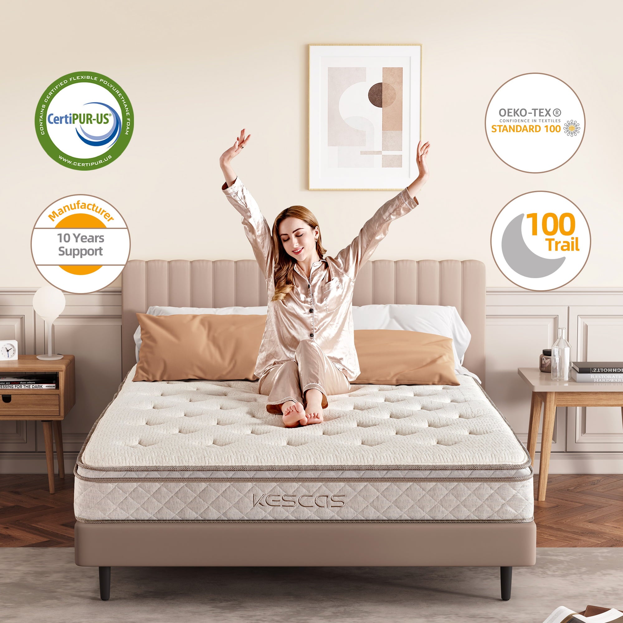 Size Mattress. Kescas 10 inch Euro Top Linen Cover Innerspring Mattress. Pocket Spring Hybrid Mattresses with CertiPUR-US Certified Memory Foam. Plush Yet Supportive