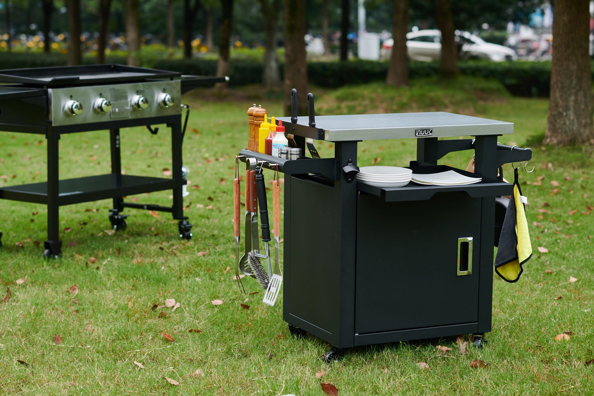 Deluxe 30IN Outdoor Rolling Grill Cook Station. Bar Table with Patio Storage Cabinet and Outdoor Dining Table. Black