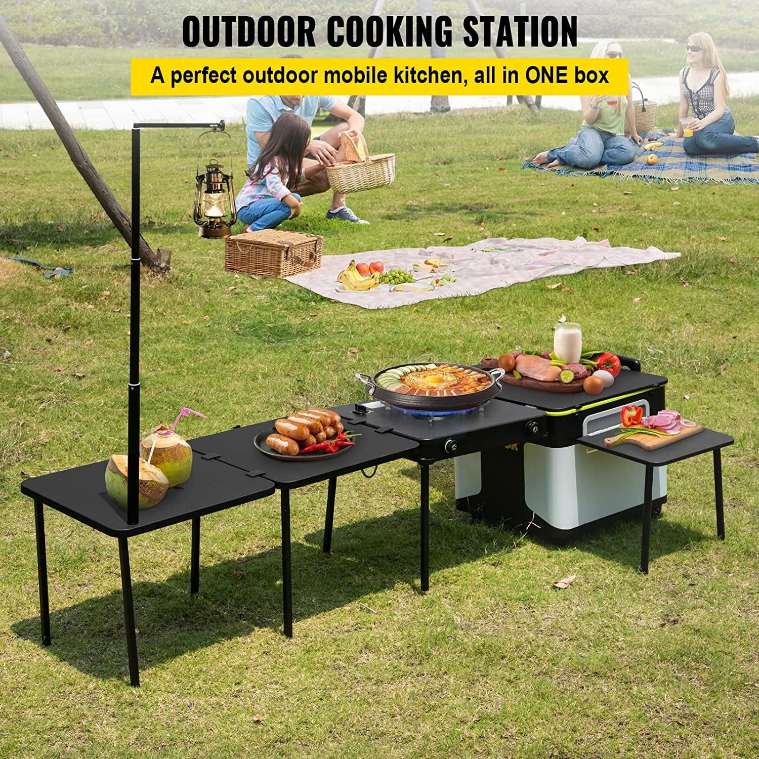 in One Integrated Camping Cooking Station Foldable Outdoor Mobile Kitchen Portable Multifunctional Camp Box w/ Wheels