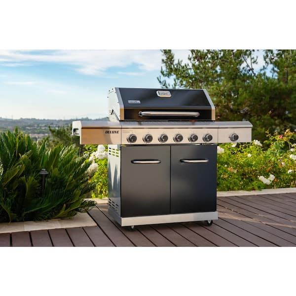 Deluxe 6-Burner Natural Gas Grill in Black with Ceramic Searing Side Burner and Gourmet Plus Cooking System