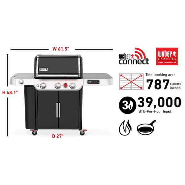 Genesis Smart EX-335 3-Burner Propane Gas Grill in Black with Side Burner