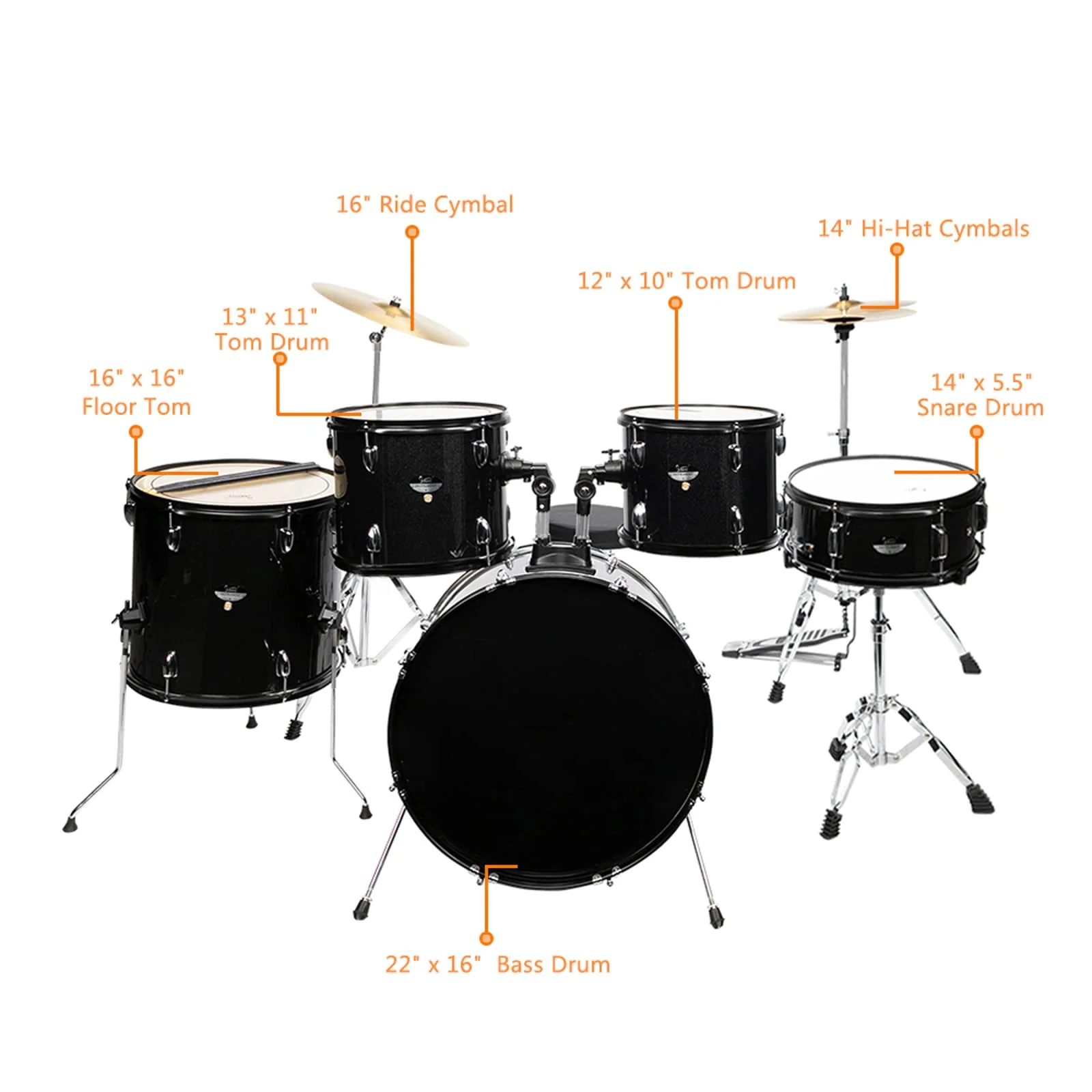 Ktaxon 5-Piece Adult Drum Set. 22 Inch Full-Size Drums Kit